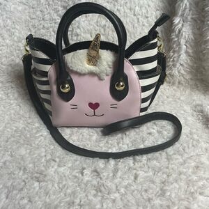 Betsey Johnson unicorn kitty small/crossbody bag  pink,black & white stripes